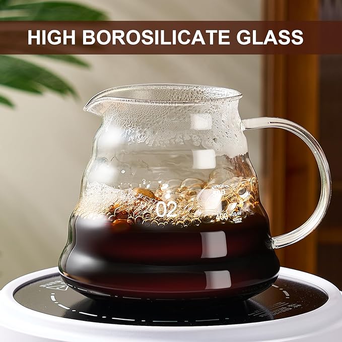 Pour Over Coffee Maker Set 20 OZ, Borosilicate Glass Coffee Server with 50 pcs V60 Paper Filter, Pour Over Coffee Dripper Carafe for Home Cafe Restaurant Camping