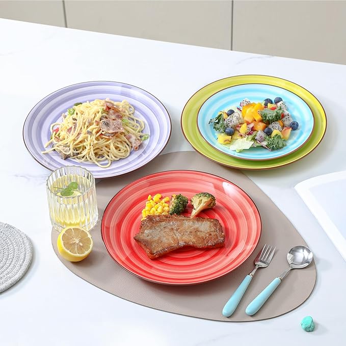 KitchenTour Ceramic Dinner Plates,10 Inch Colorful Salad Plates Set of 6, Serving Plates for Dessert, Pasta, Steak, Dishwasher and Microwave Safe