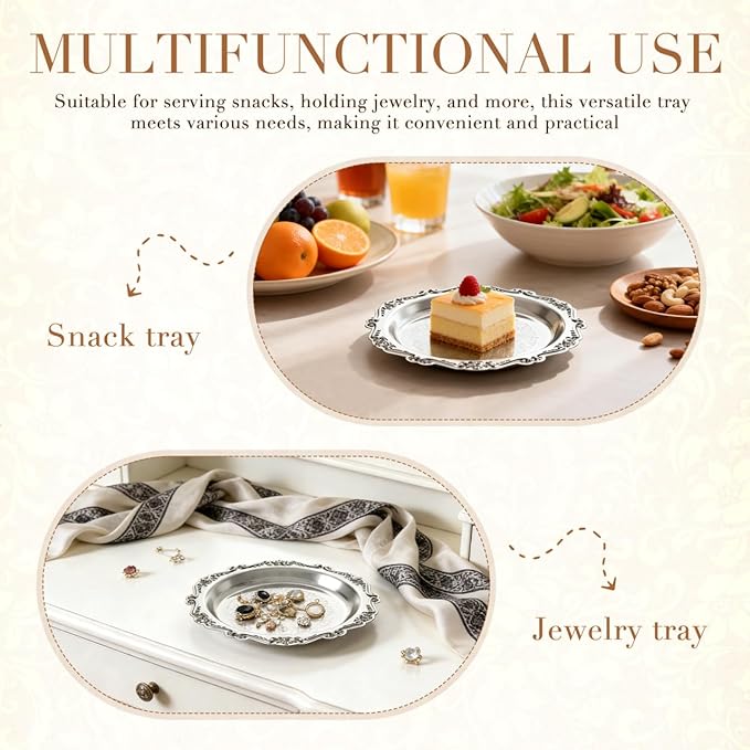 Cabilock 2pcs Retro Decorative Serving Tray, 5.90 Inch Round Vintage Metal Dessert Plates, Coffee Table Tray, Party Serving Platters Home Decor for Snacks Fruit Jewelry, Silver