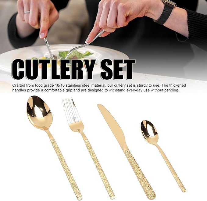 Pssopp 6 Piece Stainless Steel Cutlery Set, Serving Sets Forks Spoons for Restaurant Wedding Party Home (Stone Pattern Gold)
