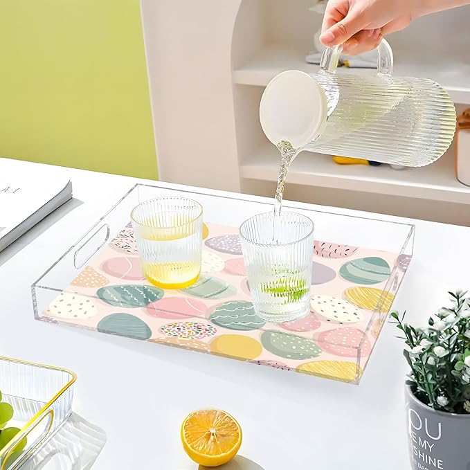 Serving Tray with Handles Clear Acrylic Tray 12x16 Inch Decorative Rectangular Tray Organizer for Ottoman Coffee Table Bathroom Pink Decorative Easter Egg