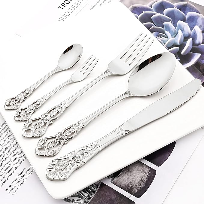 Elegant 32-Piece (4 Set) Retro Flatware Set, Stainless Steel Cutlery Set - Complete Eating Tableware Serving Set, Dishwasher Safe, Shiny Mirror Polish (Silver)