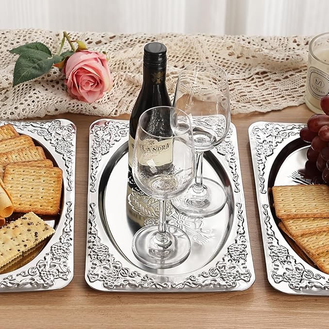 4-Pack Silver Serving Trays Set - ZENOVLUX Vintage Floral Engraved Mirror Decorative Tray, 13.8" x 8.7" Party Platters for Whiskey, Cookies, Charcuterie, Snacks, Desserts, Fruit, Party Food Display