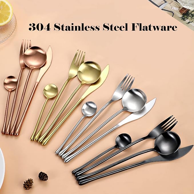 JASHII 304 Flatware Set Matte Silver Silverware Set Satin Finished 18/8 Stainless Steel Cutlery Set with Round Handle 24 Piece Wedding Housewarming Gift Service for 6