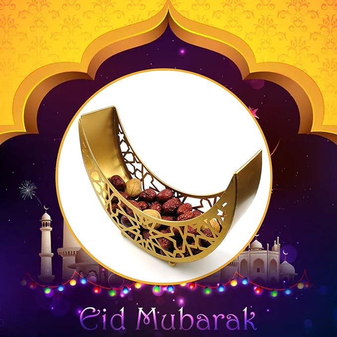 Eid Mubarak Moon Star Tray, Ramadan Decoration Ramadan Trays, Muslim Wooden Plate Tray Moon Star Shaped Food Fruit Serving Tray, Eid Mubarak Dessert Tray for Ramadan Festival Party(Golden A1)