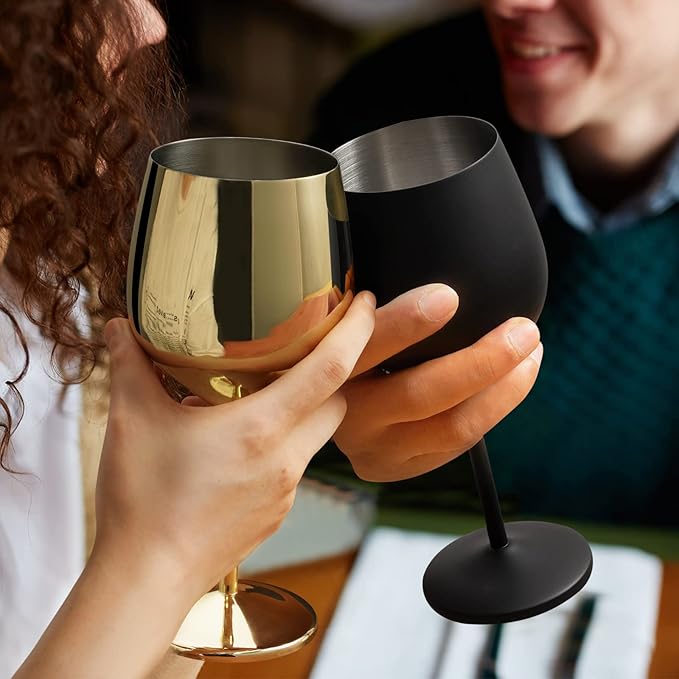 Lifecapido Stainless Steel Wine Glasses Set of 4, 18oz Stainless Steel Wine Goblets, Metal Wine Glasses with Cup Brush for Party Office Wedding Anniversary, Great for Red White Wine, Gold and Black