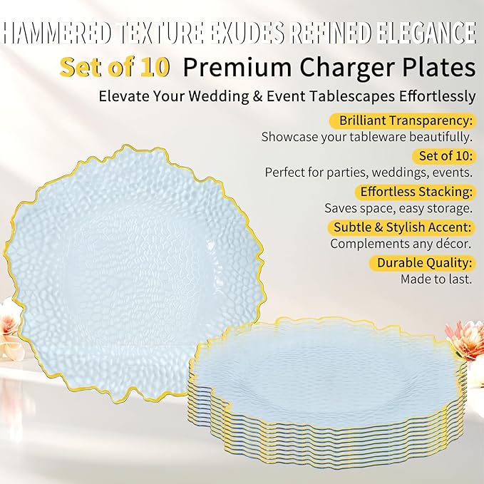 10 Pcs Clear Charger Plates 13 Inch Hammered Blue Plastic Charger Plates with Gold Rim, Transparent Blue Chargers for Dinner Plate, Stone Texture Plate Round Chargers for Wedding Party, Event