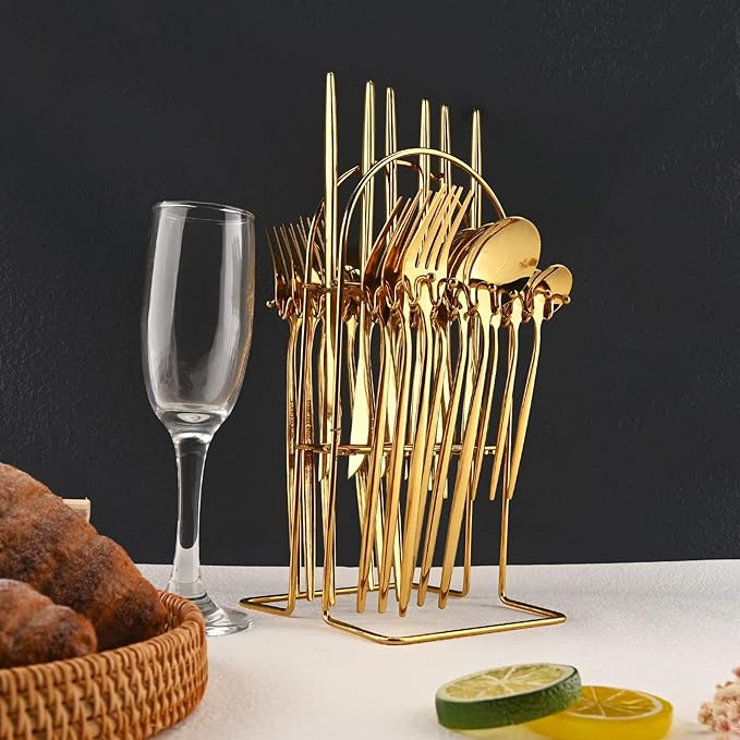 JASHII 24-Piece Stainless Steel Flat Flatware Set for 6, Fork Spoon Knife Set Eating Utensils Tableware with Holder for Kitchens Home and Restaurant, Dishwasher Safe - Shiny Gold