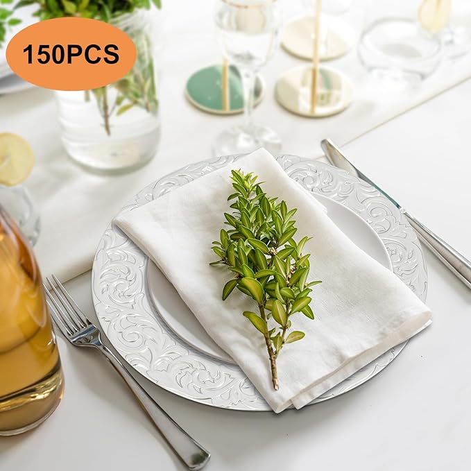 Sliver Plastic Charger Plates Set of 150, 13” Reusable Party Chargers for Dinner Plates, Elegant Round Service Plate Chargers Bulk Decorative for Wedding, Catering Table Decor