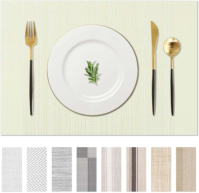AHHFSMEI Placemats for Dining Table Set of 6 Woven Vinyl Plastic Place Mats Non-Slip Heat Insulation Stain Resistant Table Mats Washable Easy Clean Placemats (Beige Stripe)