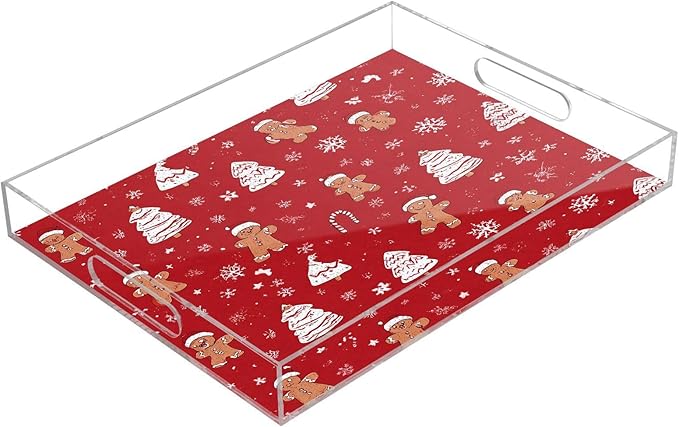 Serving Tray with Handles Clear Acrylic Tray 12x16 Inch Decorative Rectangular Tray Organizer for Ottoman Coffee Table Bathroom Gingerbread Christmas Tree01