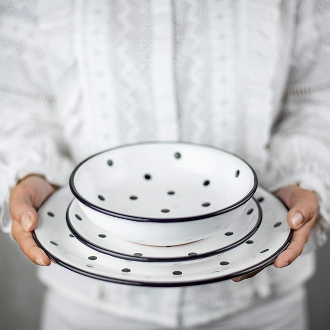 Handmade White and Black Polka Dot Ceramic 12 piece Dinnerware Set | Pottery Tableware Service for 4 | Dinner Plates | Side Plates | Bowls | Housewarming Gift by City to Cottage®