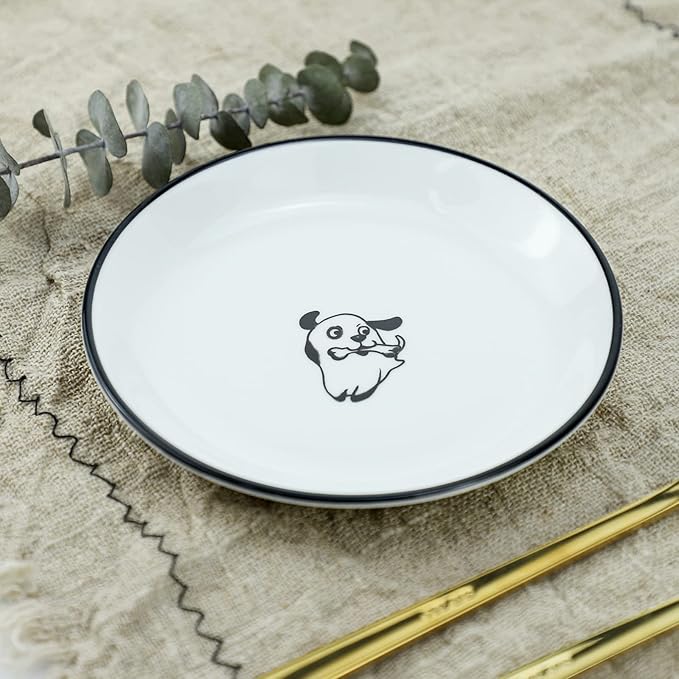 SOCOSY Cute Cartoon Happy Dogs Ceramic Seasoning Dishes Sauce Dish Sushi Dipping Bowl Appetizer Plates Tea Bag Holder Serving Dish for Kitchen, 5 Inch, Set of 4