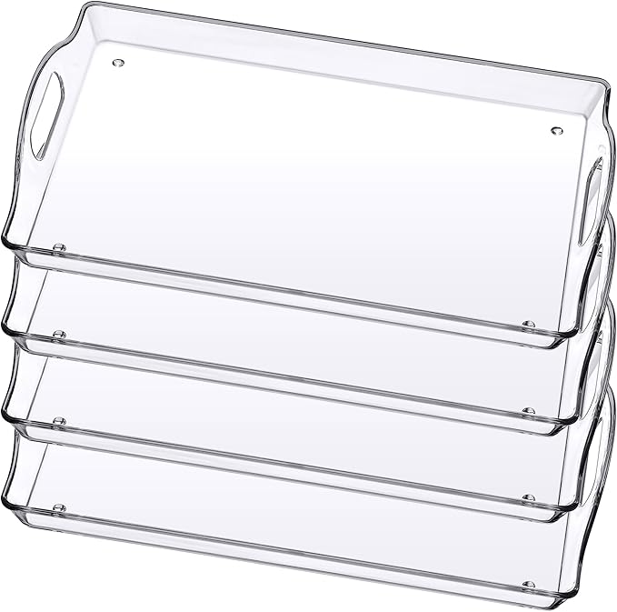 Amazing Abby - Tracia - 4-Pack Acrylic Clear Serving Tray (15" x 10"), Plastic Tray Organizer, Space-Saving with Built-in Handles, Perfect for Coffee Table, Kitchen Counter, and Breakfast in Bed