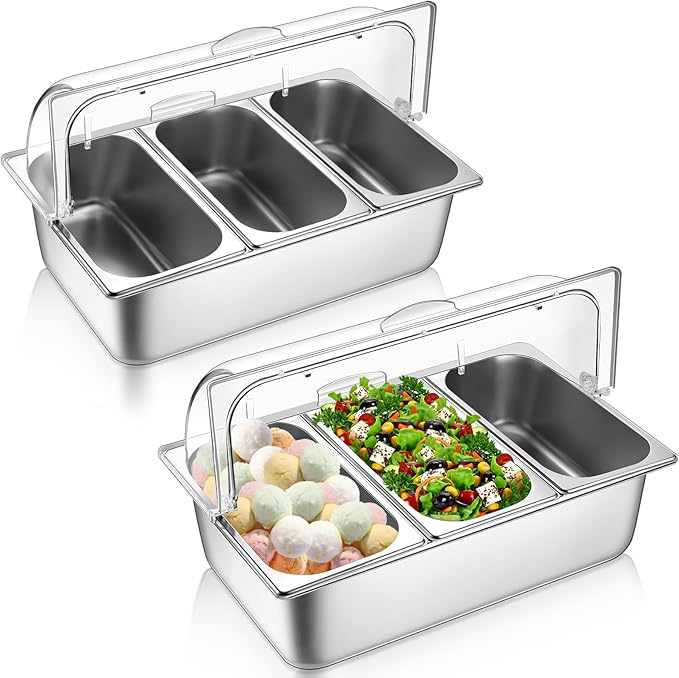2 Pack Countertop Food Serving Display Container Stainless Steel Food Serving Tray Buffet Condiment Dispenser Display Rack with Clear Roll Top Cover for Buffet (3 Pan and 3 Pan)