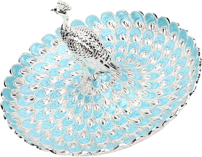 Zerodis Decorative Peacock Serving Tray, Zinc Alloy Fruit Platter, Elegant Storage Centerpiece for Home Kitchen Table, Snacks Cookies Display (Silver Light Blue)