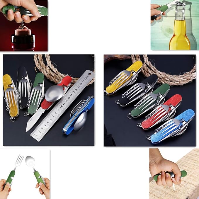 Cluck 6-in-1 Multi-Function Camping Utensil Flatware Set Detachable Spoon Fork Knife Combo Mess Kit with Carrying Pouch (Gold + Black)