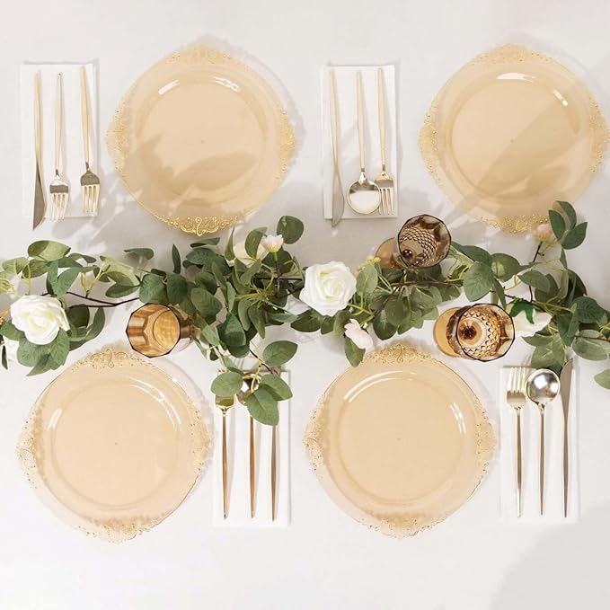 10" Dinner Plates -Set of 20 - Plastic Transparent Gold Round Baroque Disposable Chargers Leaf Embossed Rim, Ideal for Dinner Party Wedding Bulk Events