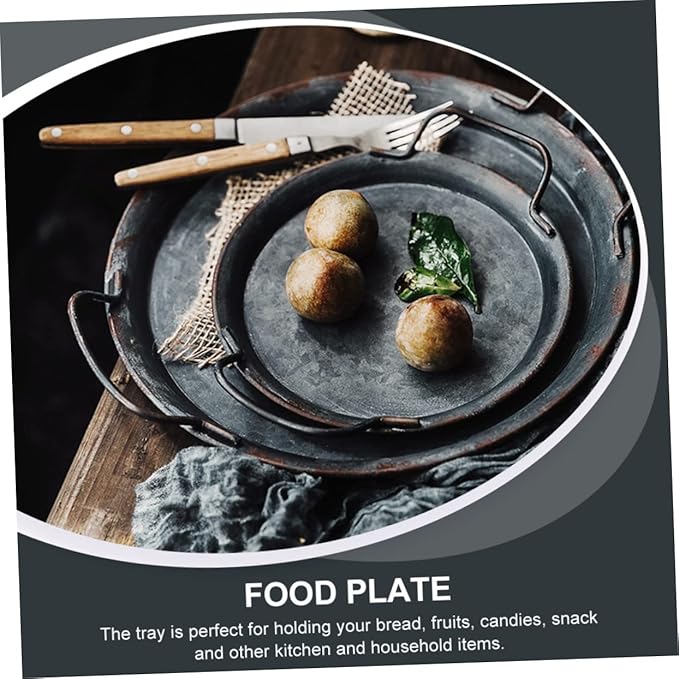 Alipis 1pc Retro Food Serving Tray Handle Silver Decorative Storage Platter for Home and Restaurant Multi-purpose Iron Tray for Snacks Desserts and Fruits