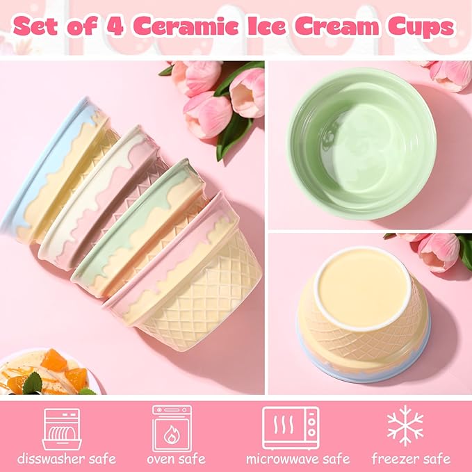 Honeydak 4 Pcs Ice Cream Ceramic Bowls 12 oz Waffle Ice Cream Cups Reusable Sundae Dessert Snack Containers for Christmas Summer Kid Adult Birthday Home Yogurt Soup Bar Party Supplies
