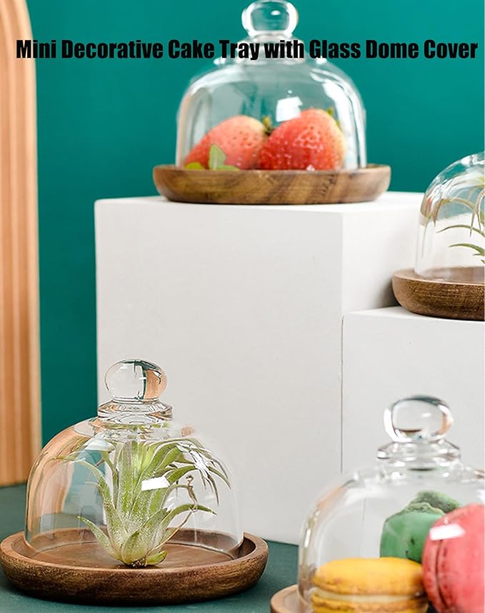 Charcuterie Snow Globe Container, Charcuterie Snow Globes, Mini Cake Stand with Dome Lid, Glass Dessert Dome with Wood Base, Small Cake Display Server Tray for Kitchen, Birthday Party, Wedding (3 set)