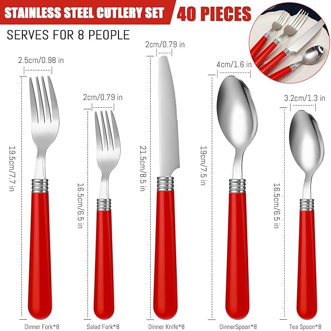 Sabary 40 Pcs Handle Silverware Stainless Steel Sets for 8 Flatware Cutlery with Colored Handles 8 Dinner Knife, 8 Dinner Fork, 8 Salad Fork, 8 Dinner Spoon, 8 Dessert Spoon for Home(Red)