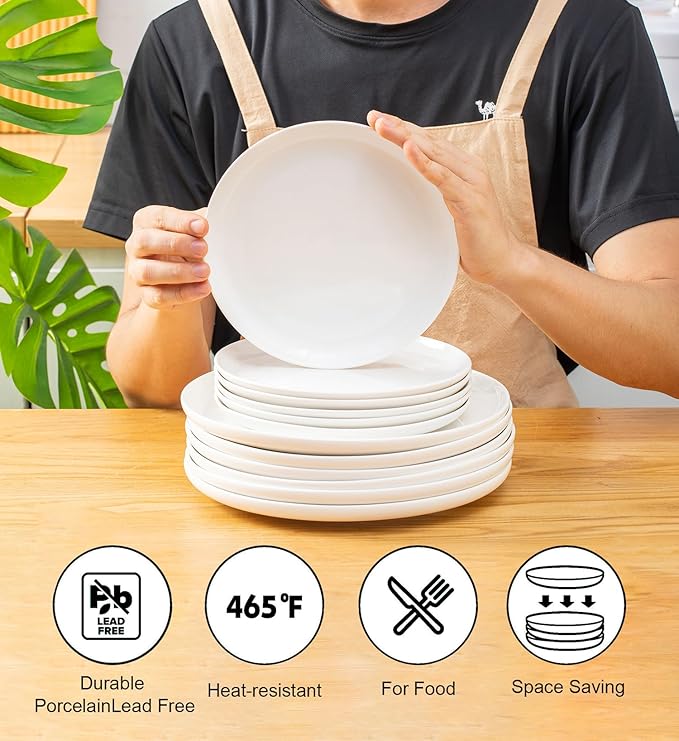 AntoKueh White Ceramic Plates Set of 6, 8.2 Inch Round Porcelain Salad Plate, 6-piece dishes with shallow Edge for Appetizer, Steak, Dishwasher/Microwave safe