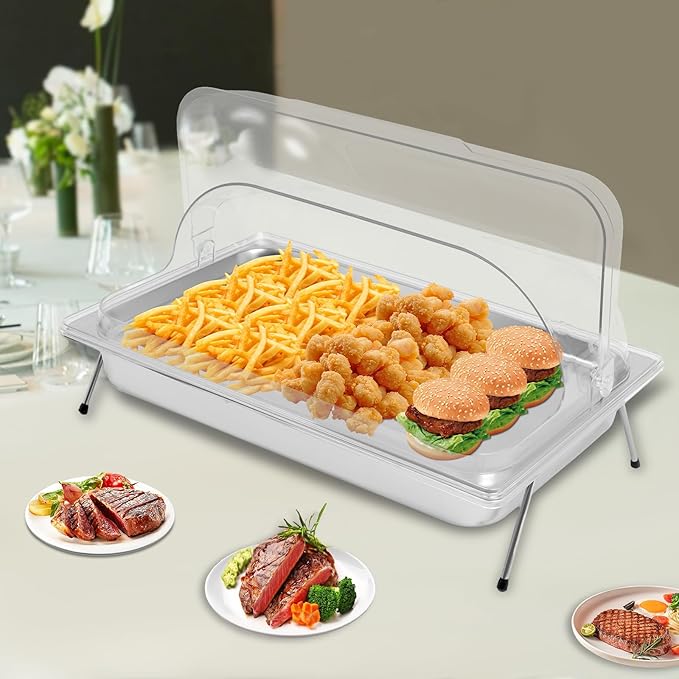 Ice Food Serving Tray, Stainless Steel Food Serving Container with Clear Roll Top Cover, Cold Buffet Platter Cooler Chiller, Food Display Plate with Ice Tray for Seafood Fruit Desserts Party