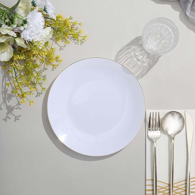 Efavormart 10 Pack | 8" Glossy White Round Plastic Dinner Plates With Gold Rim, Disposable Party Plates