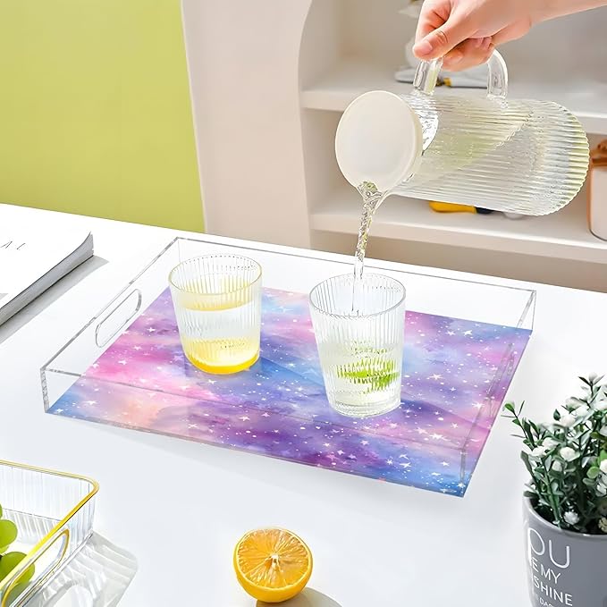 Serving Tray with Handles Clear Acrylic Tray 12x16 Inch Decorative Rectangular Tray Organizer for Ottoman Coffee Table Bathroom Tie Dye Dots and Stars