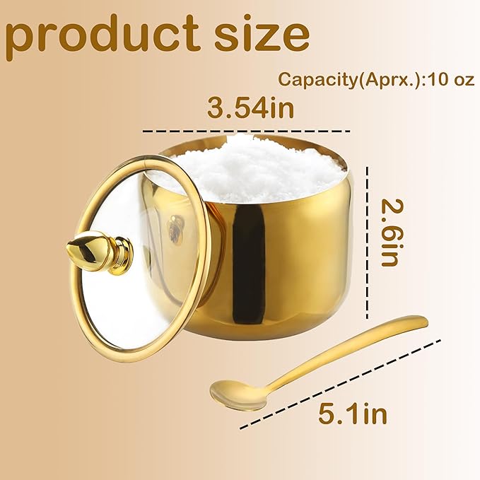 10oz Sugar Bowl 2-Pack with Lid|Gold coffee bar sugar container, includes 2 stainless steel canisters with clear lids. This perfect for kitchen countertop, seasoning storage, and stylish home decor.