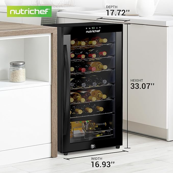 Nutrichef 28 Bottle Wine Fridge | Single Zone Red & White Wine Chiller | Adjustable Temperature 41°F to 64°F | Ultra Quiet Operation | Wine Cooler For Home & Office | Free Standing 33x16x17 IN | Black