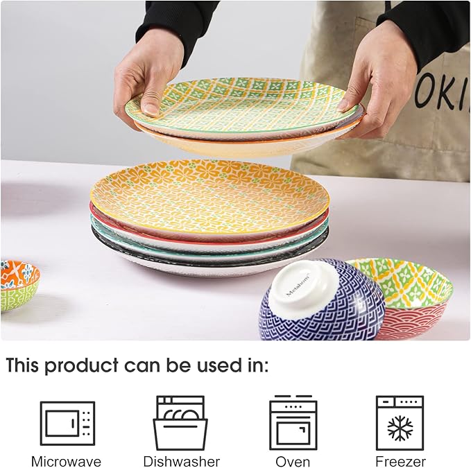 10" Ceramic Dinner Plates, Porcelain Dessert Salad Plate Set, Colorful Serving Dishes for Pasta, Pancakes, Steak, Set of 6, Dishwasher & Microwave Safe