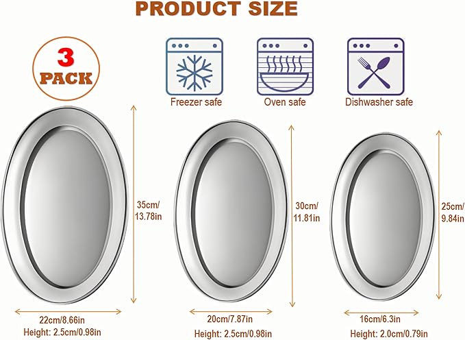 18/8 Stainless Steel Oval Platter,3 Pack Large Oval Steaming Fish Plates,Reusable Polish Metal Serving Trays for Kitchen BBQ, Snack,Salad,Appetizer,Fruit,Dishwasher &Oven Safe,Sliver
