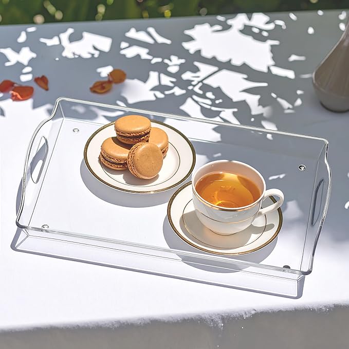 Amazing Abby - Tracia - 4-Pack Acrylic Clear Serving Tray (15" x 10"), Plastic Tray Organizer, Space-Saving with Built-in Handles, Perfect for Coffee Table, Kitchen Counter, and Breakfast in Bed