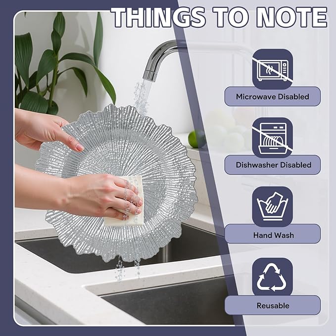 PROY 100 Pcs Silver Charger Plates Bulk, 13" Silver Reef Charger Plates for Wedding, Thanksgiving, Christmas, Plastic Chargers for Dinner Plates