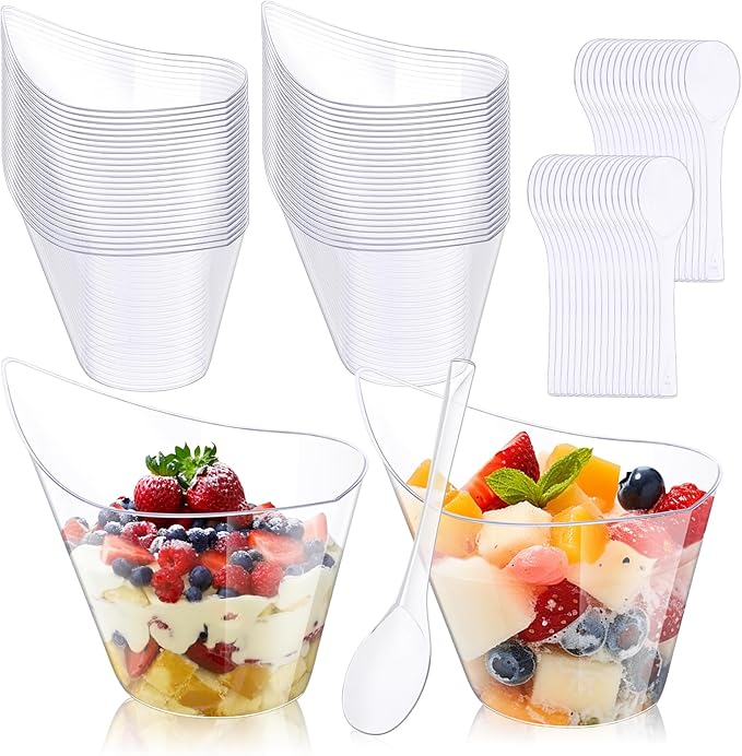 tchrules 50 Packs 7oz Dessert Cups with 50 Spoons, Clear Plastic Appetizer Cups for Parties, Yogurt Parfait Bowls for Fruit Chocolate Pudding and Ice Cream