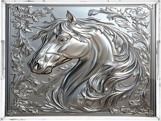 Horse Floral Relief Silver Serving Tray with Handles Decorative Ottoman Rectangle Acrylic Tray for Kitchen Bar Coffee Table 16"x12"