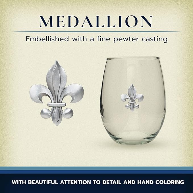Heritage Pewter Fleur de Lis Stemless Glass Goblets – Set of 2 | 15 OZ Goblet Wine Glasses | Expertly Crafted Pewter Glass