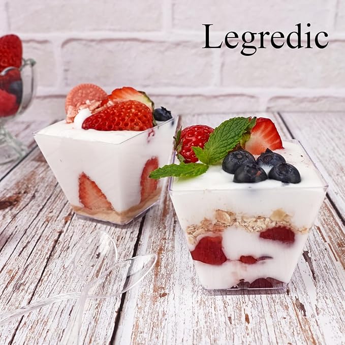 50 Pack 3.5 oz Square Dessert Cups with Spoons, Mini Plastic Parfait Appetizer Cups, Clear Reusable Small Shooter Cups, Serving Bowls for Tasting Party Samples Dessert Shot Glasses