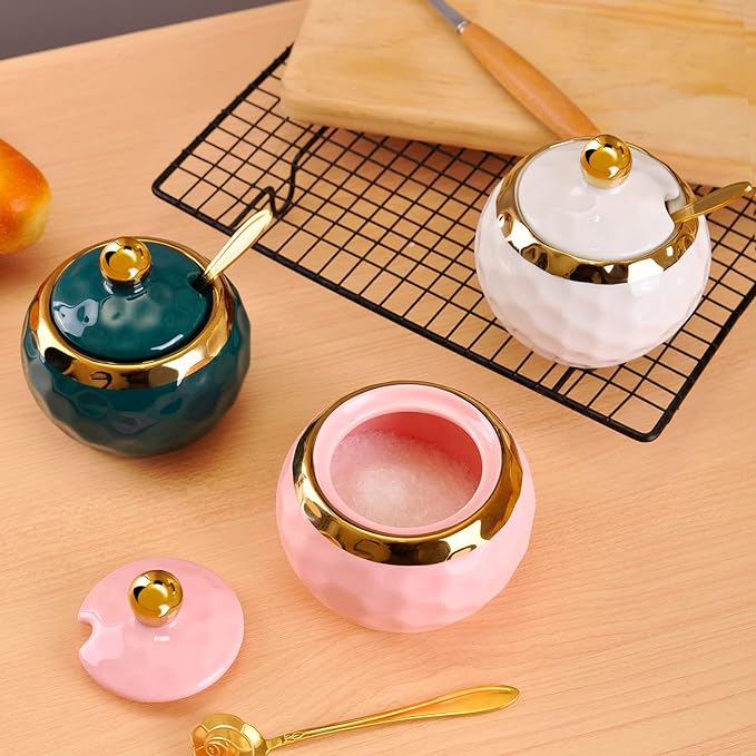 WHJY Ceramic Sugar Bowl with Lid and Spoon, Golf Design Porcelain Salt Bowl Salt Container, Modern Spice Box Seasoning Jar for Home and Kitchen Coffee Bar - Green