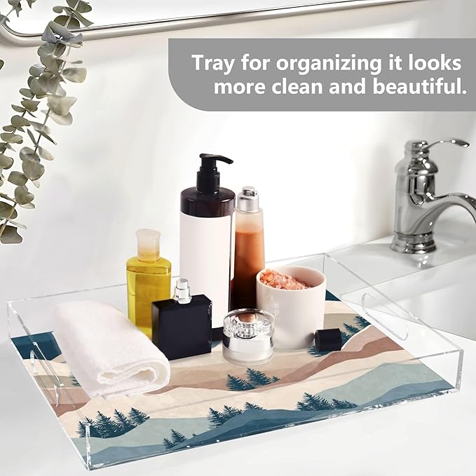Serving Tray with Handles Clear Acrylic Tray 12x16 Inch Decorative Rectangular Tray Organizer for Ottoman Coffee Table Bathroom Mountain Landscape Trees