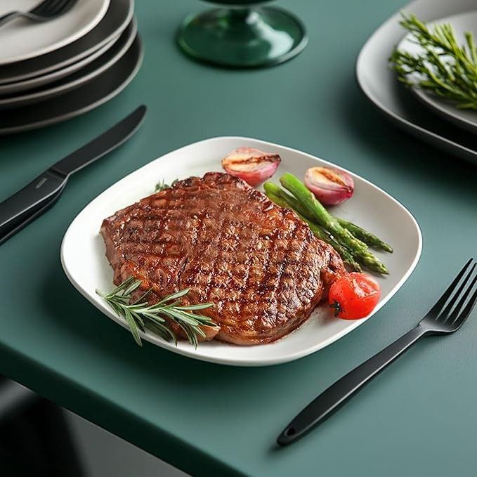 Blcculi 10.5'' Porcelain Dinner Plates,Set of 6 Square Dinner Plates,Porcelain Dessert Plate,White Square Serving Plate for Salad, Pasta, Steak,Snacks