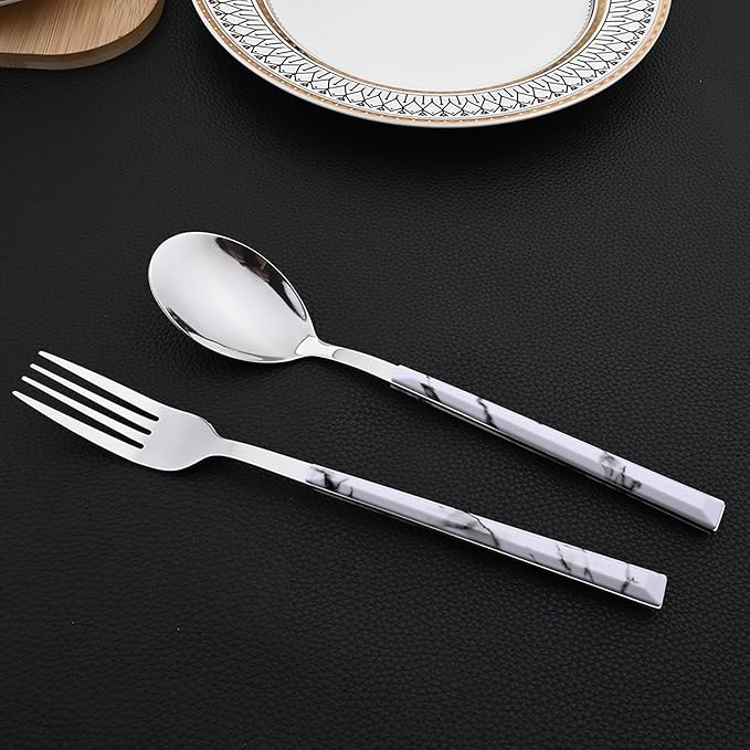 30pcs Marble Handle Flatware Set, Stainless Steel Cutlery Set Include Knife/Fork/Spoons, Mirror Polish, Service for 6 (White Silver)