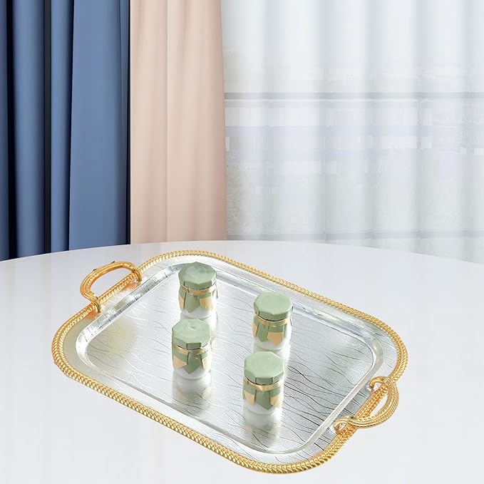 Serving Tray Tea Cup Holder Iron Art Cosmetic Perfume Makeup Display Vanity Tray Decorative Tray for Dressing Room Bathroom, L
