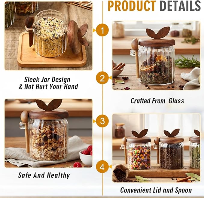 4 Pcs Sugar Bowl with Lid and Spoon, 17 oz Sugar Container for Coffee Bar, Glass Coffee Canister, Airtight Food Storage Jar, Cereal Tea Salts Spice Jar, Kitchen Decoration Christmas Gift