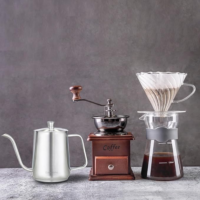 Easyworkz Gooseneck Pour Over Coffee Kettle 30 fl oz Stainless Steel Hand Drip Coffee Pot With Long Narrow Spout, Suitable for Induction Cookers, Silver