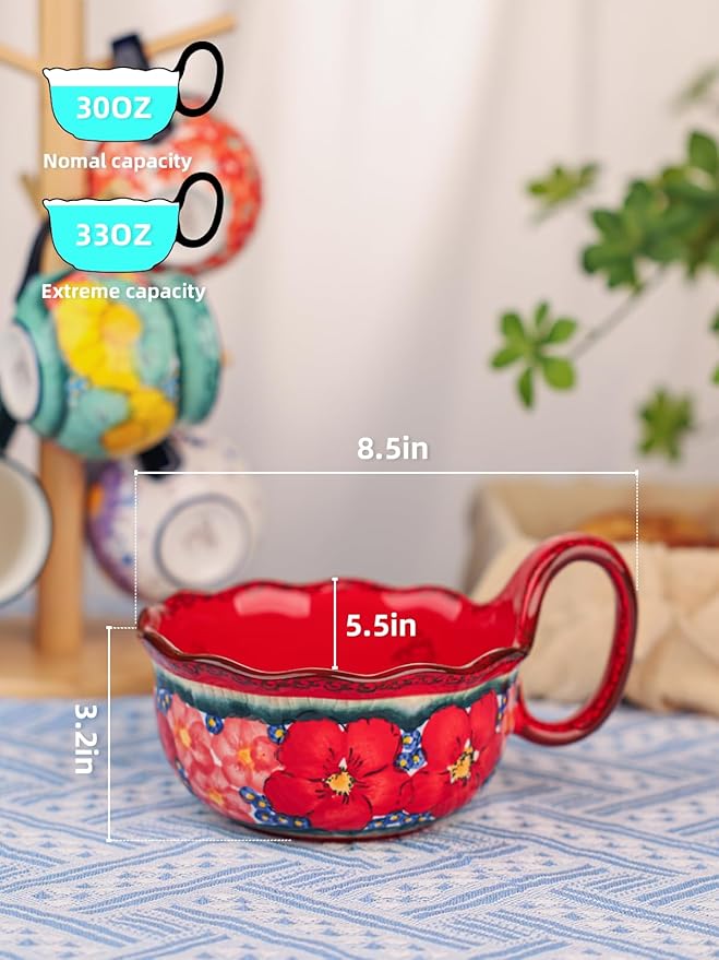 silesia Handmade Ceramic Soup Bowl, 30 oz Hand Painted Bowl with Loop Handle, Floral Design Cereal Bowl for Soup, Ice cream, Snack, Microwave & Dishwasher Safe (Glazed Red)