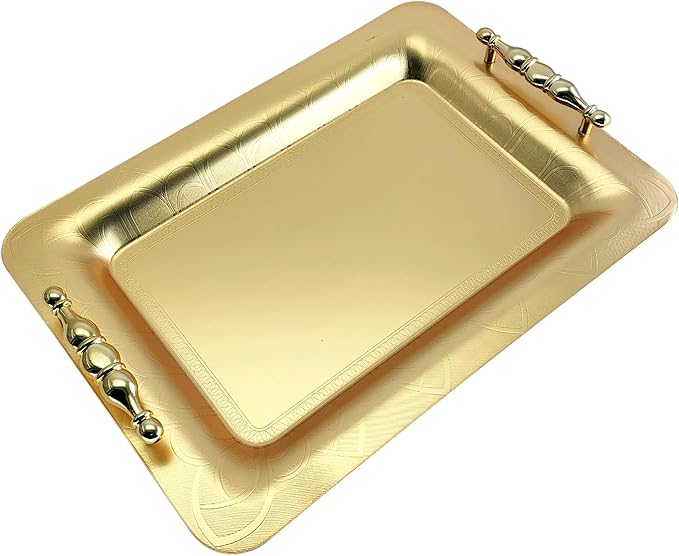 (Pack of 2) 15.7 inch x 11 inch Oblong Chrome Iron Gold Plated Serving Tray with Handles Stylish Design Different Leaf Floral Engraved Edge Wedding Dessert Buffet Platter Plate NC-008
