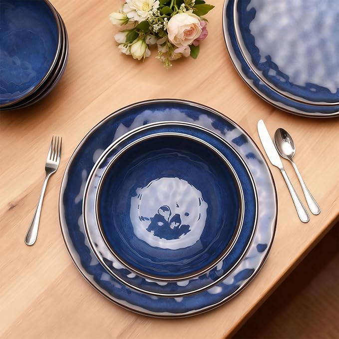 Rustic Farmhouse 12 Piece Melamine Dinnerware Sets - Service for 4, Lightweight Dinnerware with Plates and Bowls Sets, for Indoor and Outdoor Use, Unbreakable Kitchen Plates and Bowls (4, Blue)